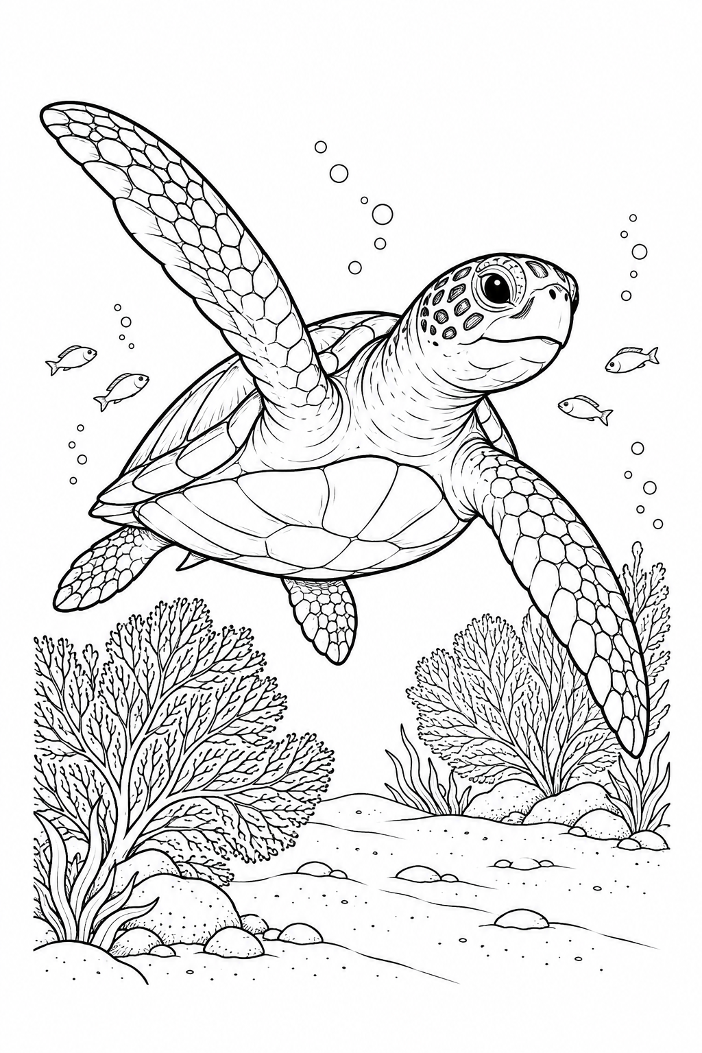 Eine Meeresschildkröte schwimmt über verzweigte Fächerkorallen und Sandboden. Kleine Fische sind in der Nähe.