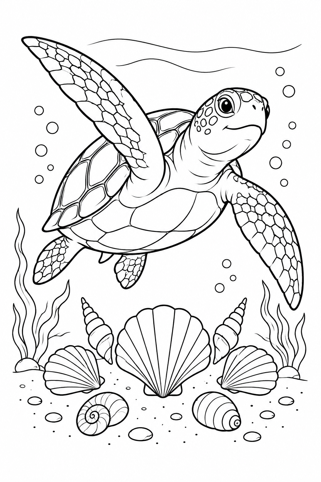 Eine Meeresschildkröte gleitet über fächerförmig angeordnete Muscheln und Schneckenhäuser.