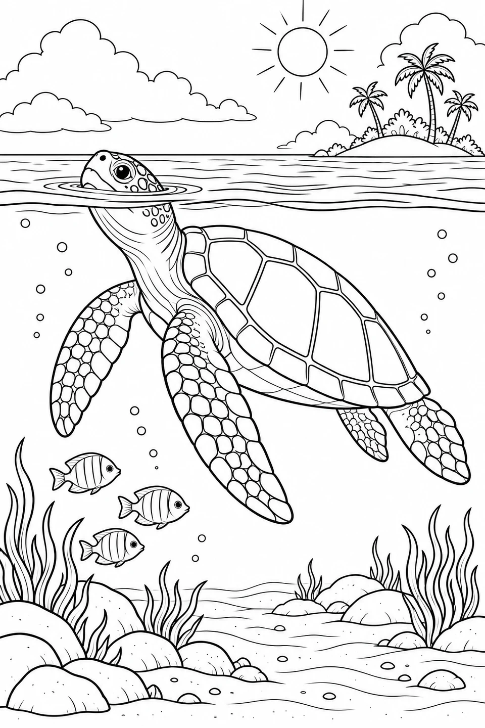 A sea turtle lifts its head above the calm surface, while three fish swim below and a palm island rises in the distance.