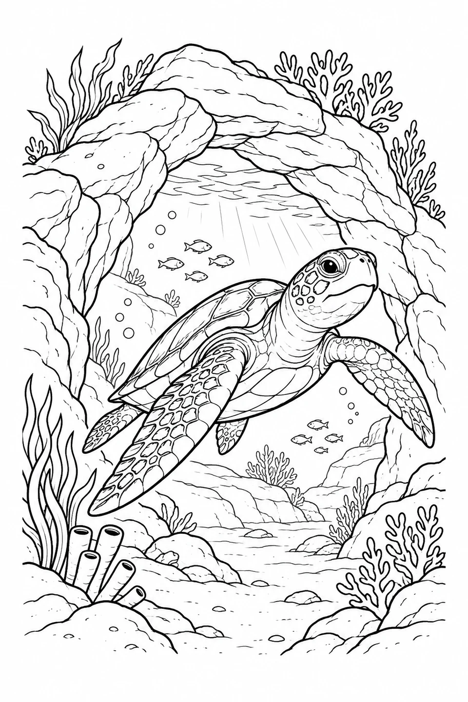 Eine Meeresschildkröte schwimmt unter einem Felsbogen im Meer, dahinter sind kleine Fische und Korallen.