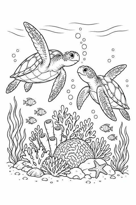 Zwei Meeresschildkröten begegnen sich über verzweigten Korallen, kleinen Fischen und einem Seestern.