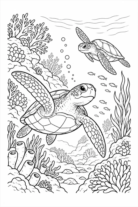 Eine große und eine kleinere Meeresschildkröte schwimmen durch ein Felsenriff mit Korallen und Fischen.