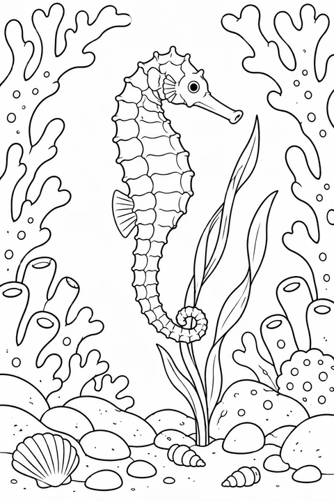 A seahorse grips a slender stem inside a frame of branching coral, above tube sponges, shells and rounded stones.
