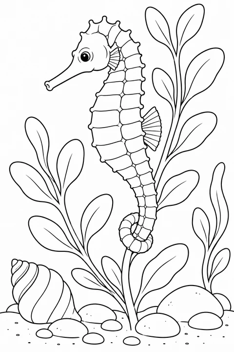 A seahorse curls its tail around a leafy seaweed stem, above smooth stones and a spiral shell.