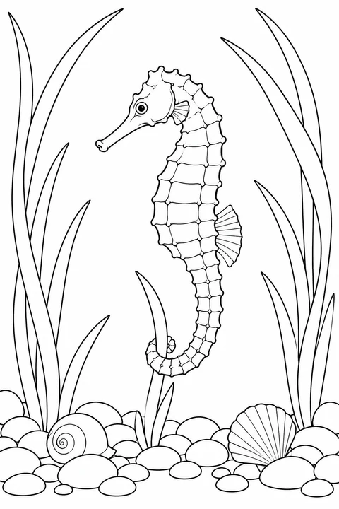 A seahorse holds a short seagrass blade above smooth pebbles and two shells, framed by tall leaves.