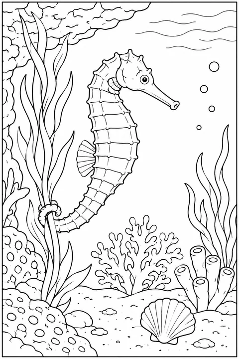 A seahorse grips a seaweed stem beneath a rocky ledge, with a shell, tube sponges and coral below.