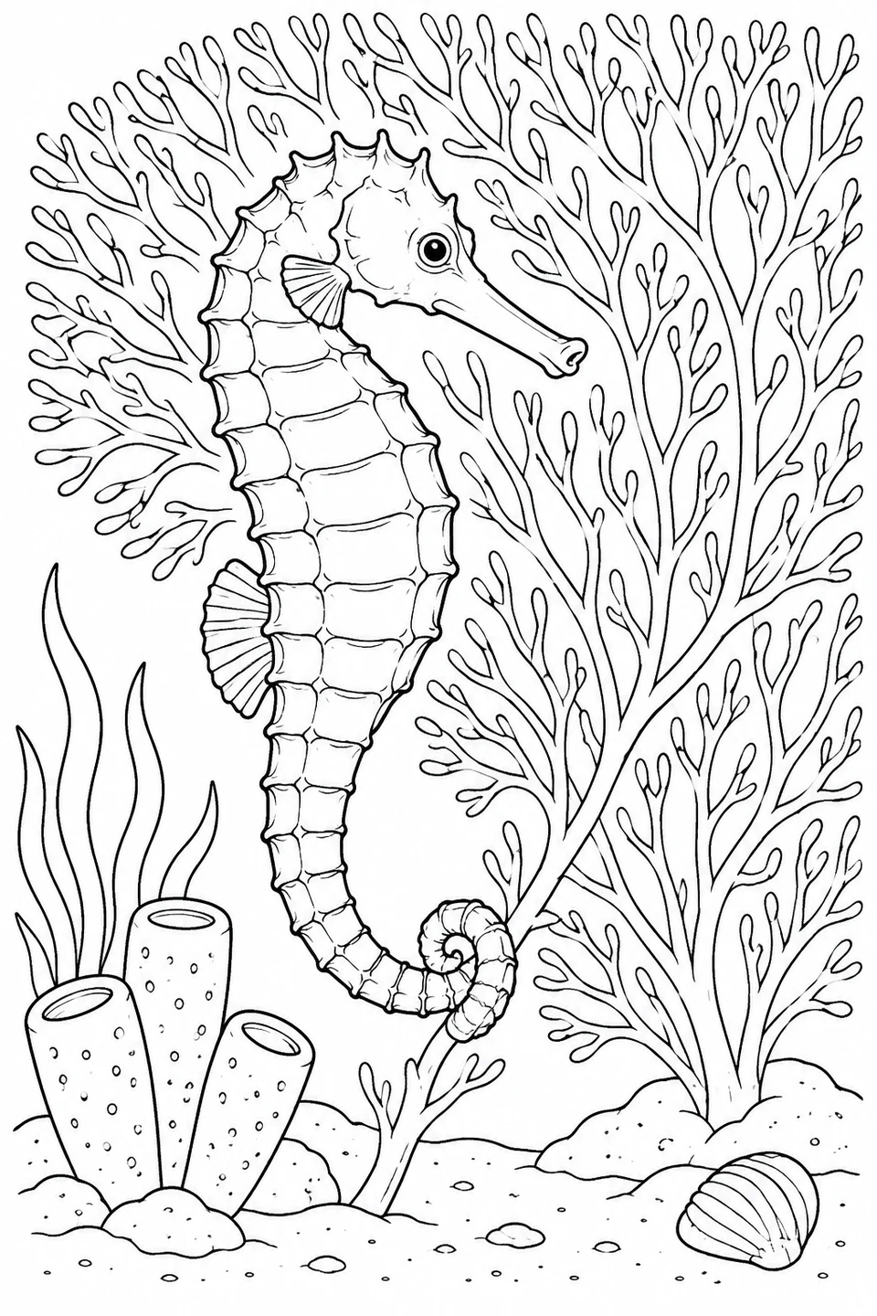 A seahorse grips a thin sea-fan branch with its curled tail, above tube sponges and a shell.
