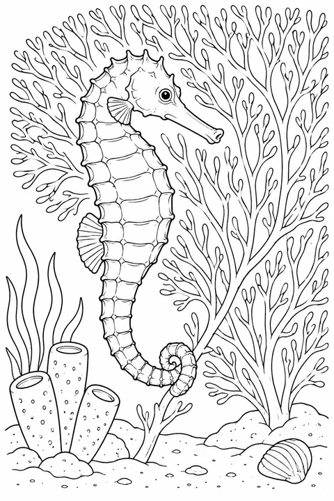 A seahorse grips a thin sea-fan branch with its curled tail, above tube sponges and a shell.