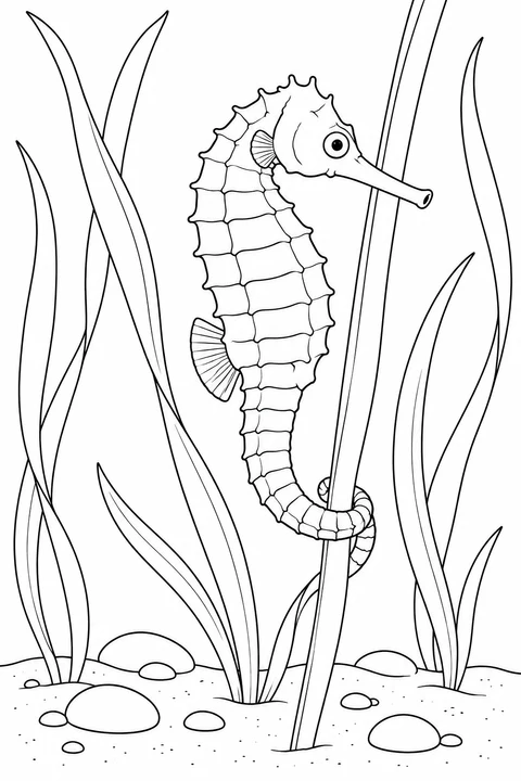 A seahorse curls its tail around a tall seagrass blade, surrounded by ribbonlike leaves and pebbles.