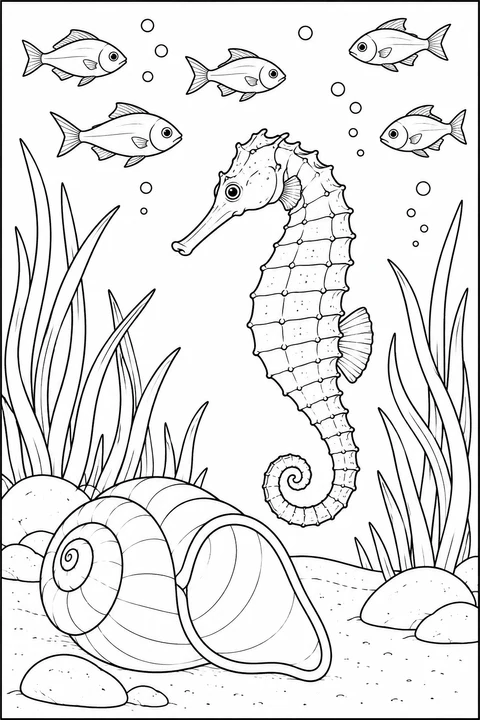 A seahorse floats above a large empty shell, with seagrass at the sides and small fish overhead.