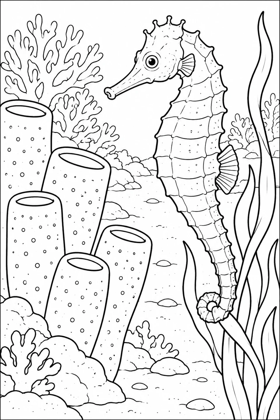 A seahorse holds a seaweed stem beside tall tube sponges, with a sandy path and corals behind it.