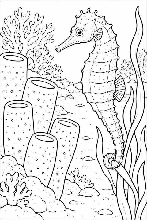 A seahorse holds a seaweed stem beside tall tube sponges, with a sandy path and corals behind it.