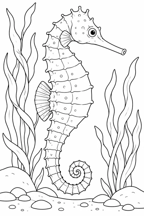 A large side-view seahorse shows its curled tail and small fins, framed by seaweed and smooth stones.