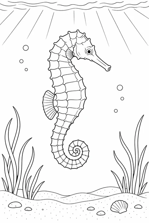 A seahorse floats beneath broad rays of sunlight, above sparse seagrass, a shell and rippled sand.