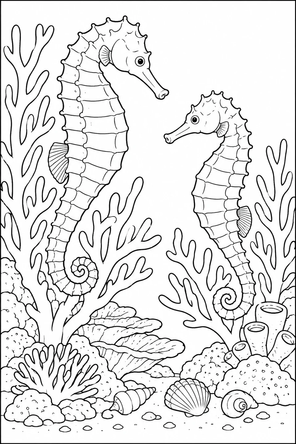 Two seahorses face each other at different heights among branching corals, tube sponges and shells.