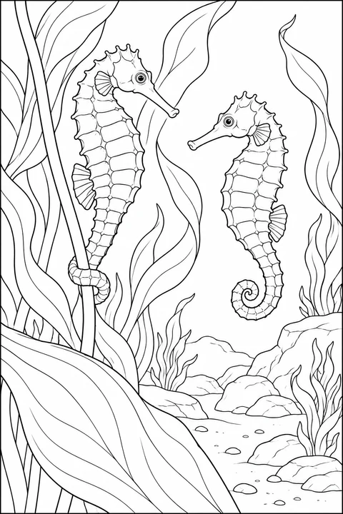 Two seahorses face each other among broad kelp leaves. One holds a stalk with its tail while the other floats nearby.