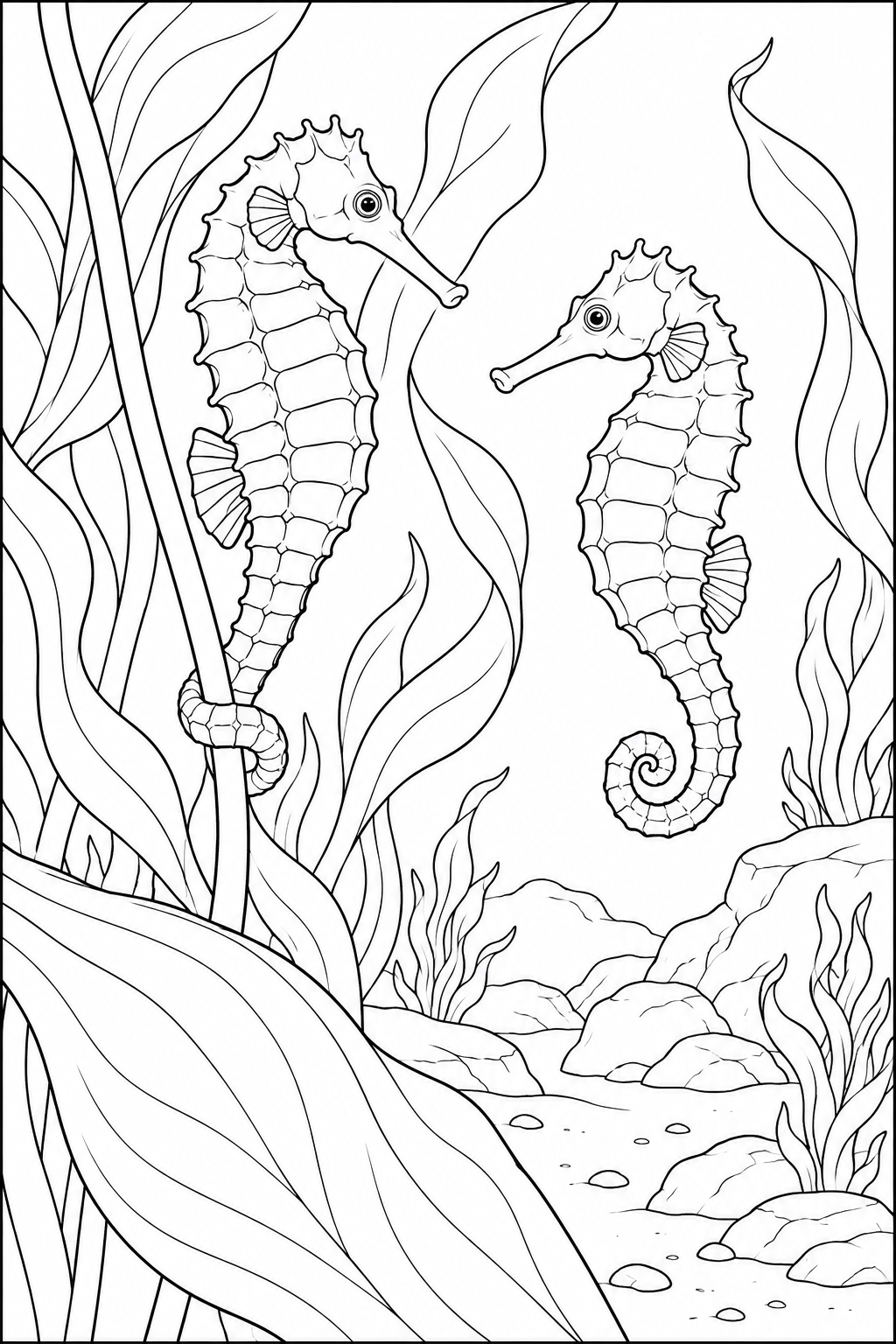 Two seahorses face each other among broad kelp leaves. One holds a stalk with its tail while the other floats nearby.