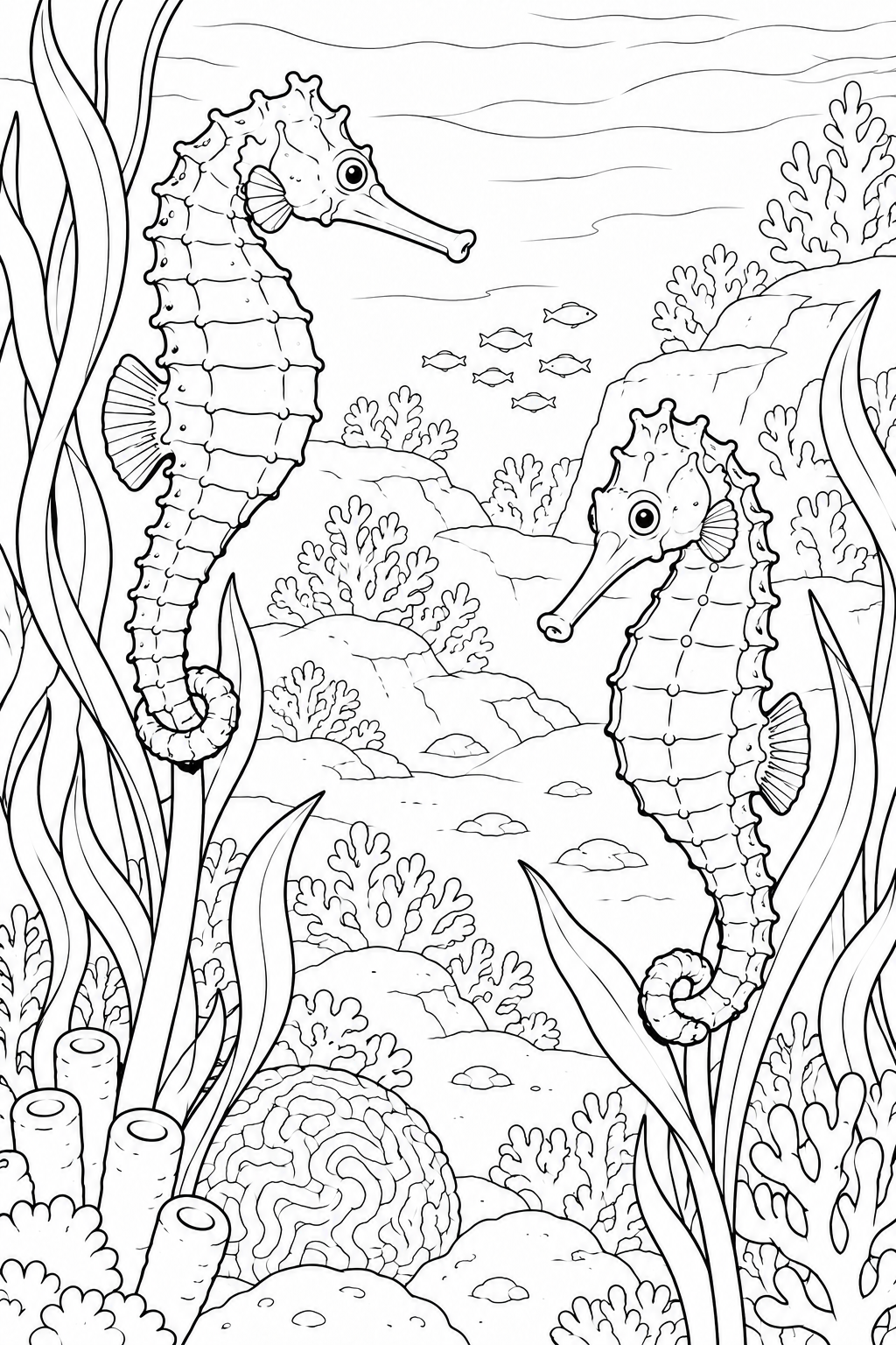 Two seahorses hold separate seaweed stems, with layered coral rocks and a small group of fish in the distance.
