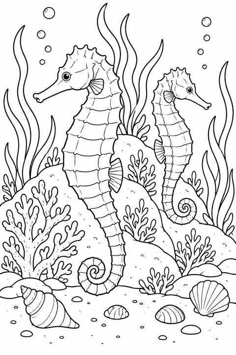 Two seahorses float at different distances beside rounded reef rocks, seaweed and shells.