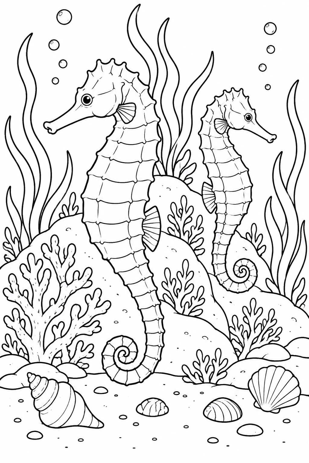 Two seahorses float at different distances beside rounded reef rocks, seaweed and shells.