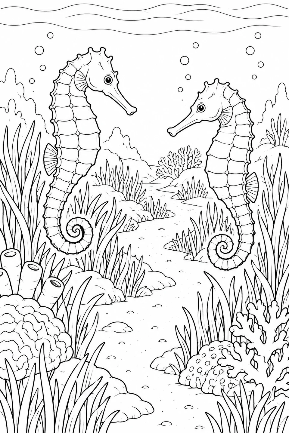 Two seahorses float on opposite sides of a winding sandy channel, among seagrass, coral and rocks.