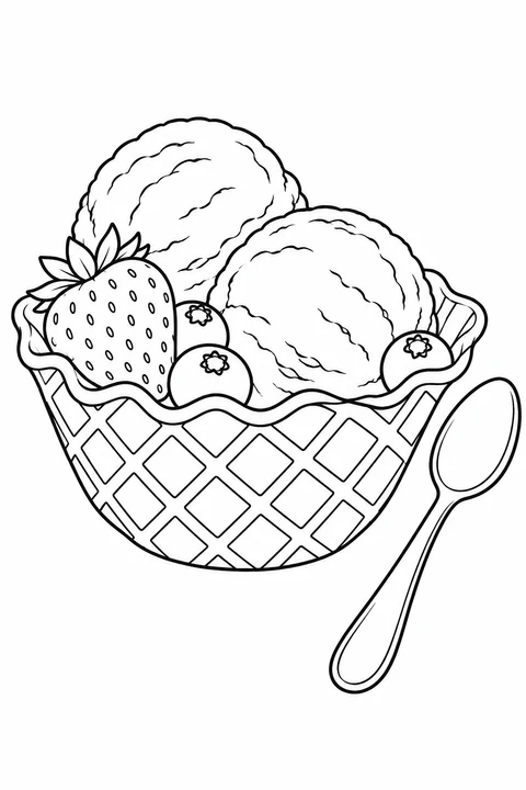 华夫碗里装着两个冰淇淋球、草莓和蓝莓。宽大的格纹和旁边的勺子提供了不同的涂色形状。