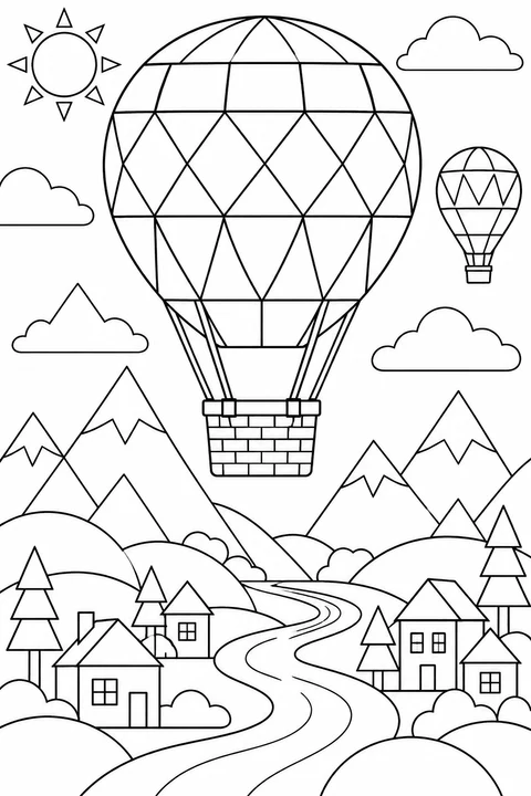 A patchwork hot-air balloon floats above triangular mountains, little geometric houses and a winding river, with a smaller balloon in the distance.