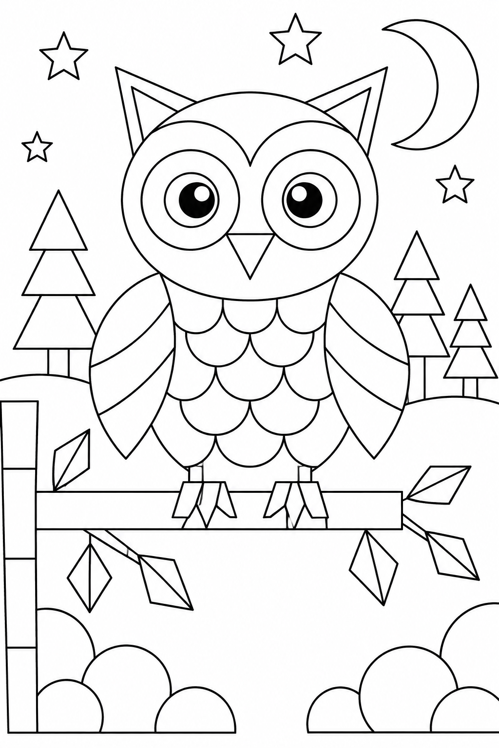 A geometric owl perches on a straight branch under stars and a crescent moon, with diamond-shaped leaves.