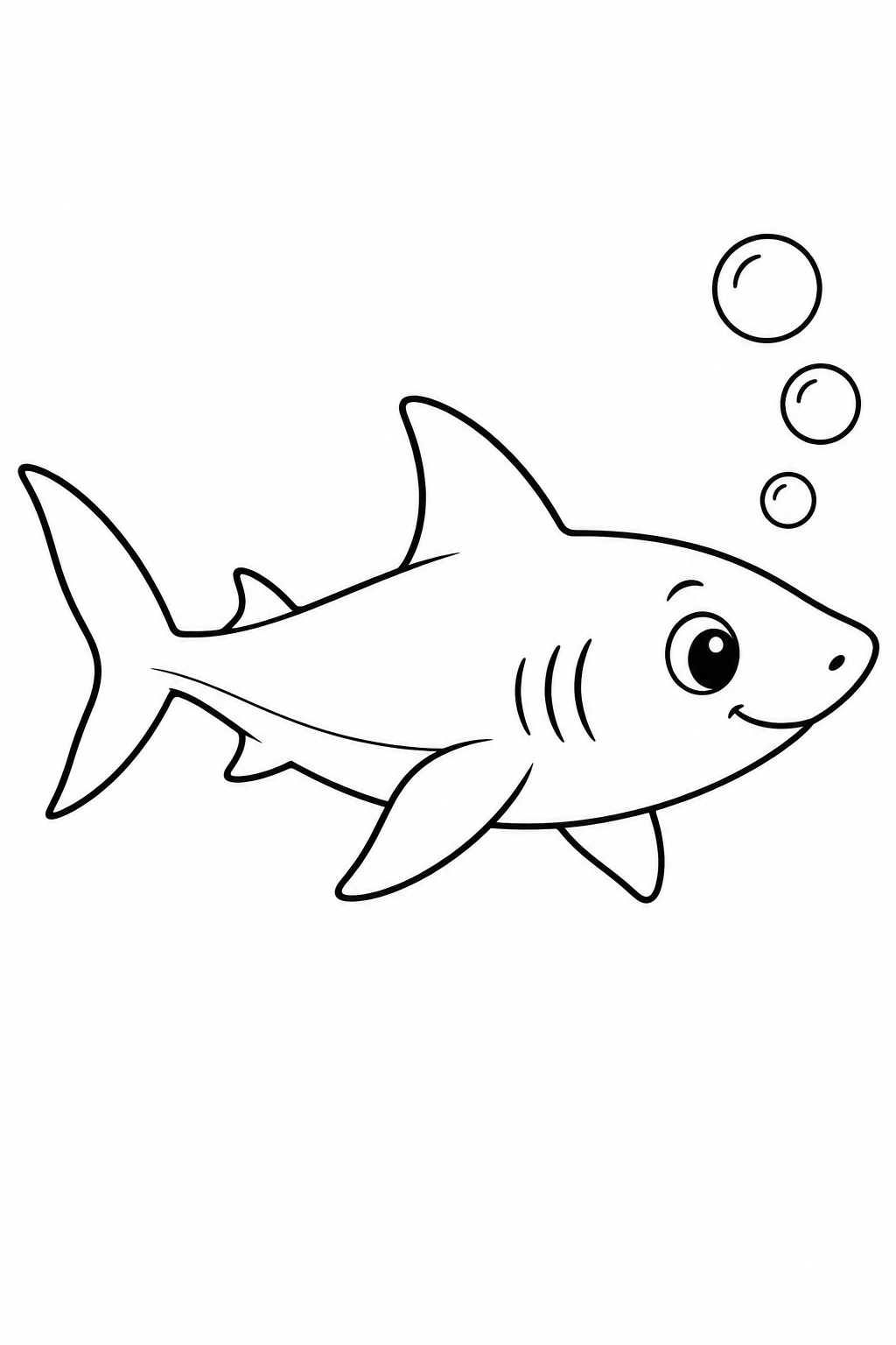 A cheerful little shark swims beside three large bubbles.