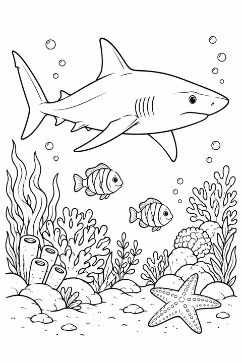 A shark glides above coral with two striped fish and a starfish.