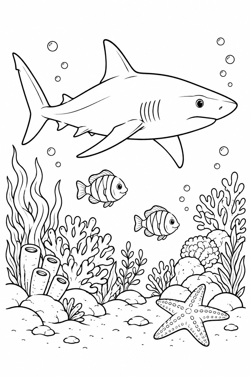 A shark glides above coral with two striped fish and a starfish.