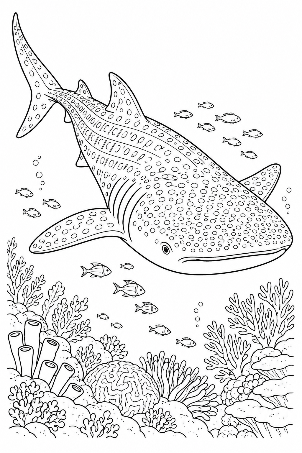 A spotted whale shark swims above coral and schools of small fish.