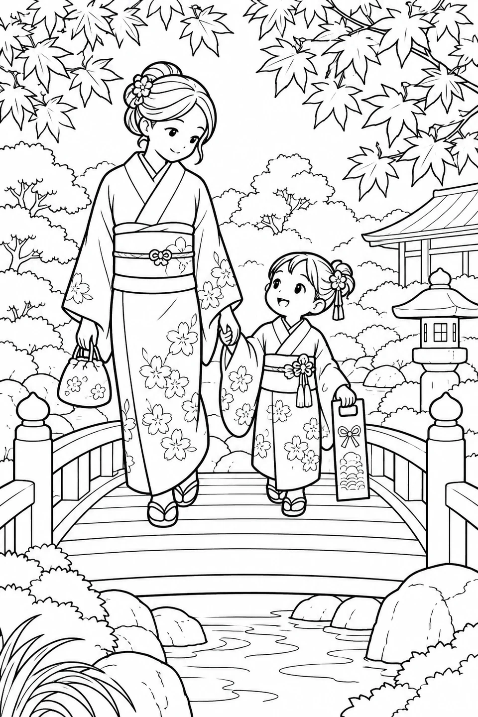 A parent and child in traditional Japanese outfits hold hands while crossing a garden bridge among autumn leaves.