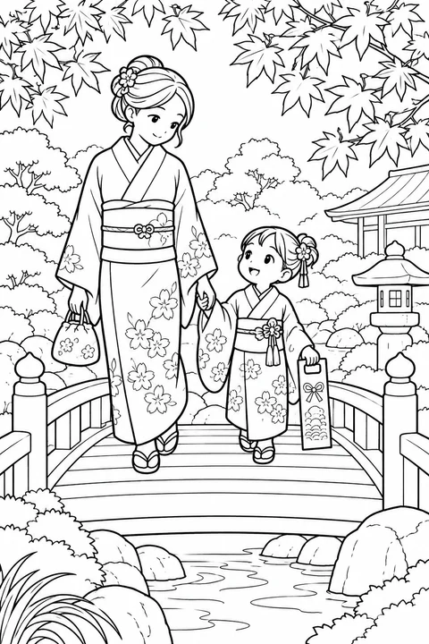 A parent and child in traditional Japanese outfits hold hands while crossing a garden bridge among autumn leaves.