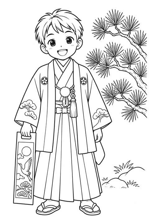 A smiling boy in a haori jacket and pleated hakama holds a candy bag beside a pine branch for Shichi-Go-San.