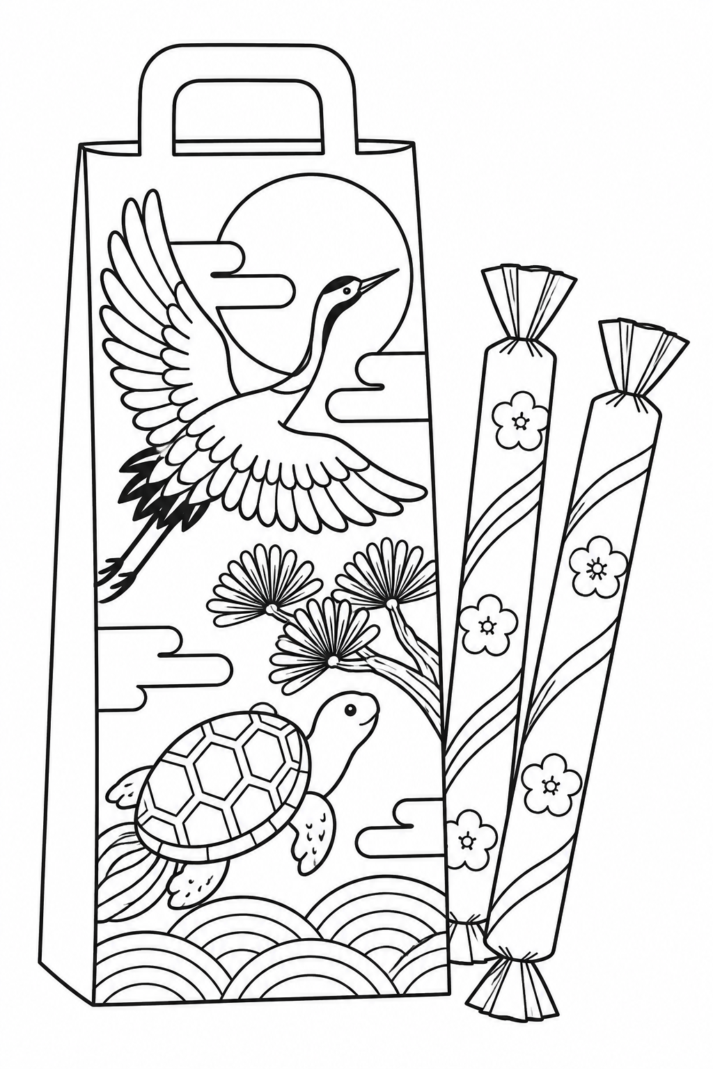 A tall chitose-ame candy bag decorated with a crane, a turtle and pine, with wrapped candy sticks beside it.