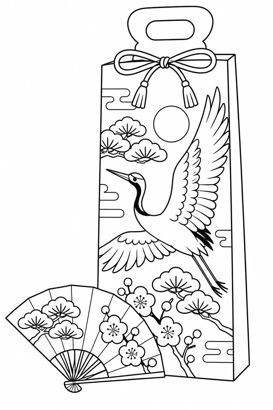 A tall candy bag decorated with a crane stands beside an open fan with pine and blossom designs.