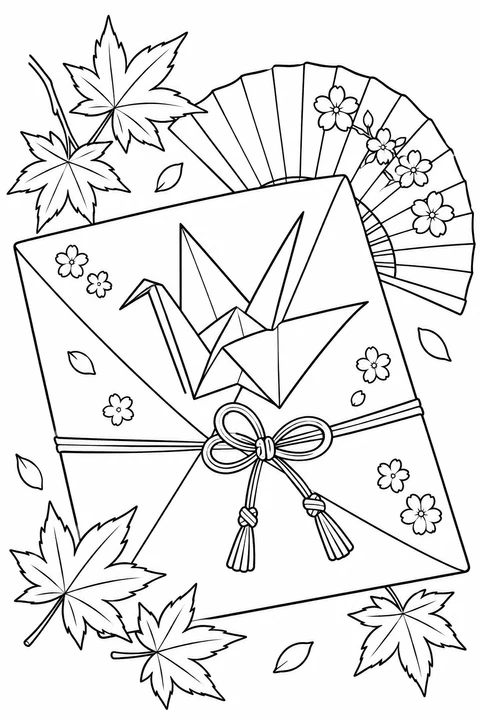 A decorated envelope with a crane design and tied cord rests beside a folding fan and maple leaves.