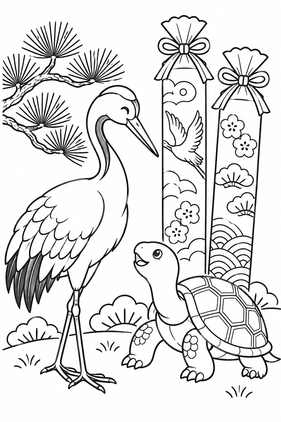 A friendly crane and turtle stand beside pine branches and long wrapped sweets in a Japanese celebration scene.
