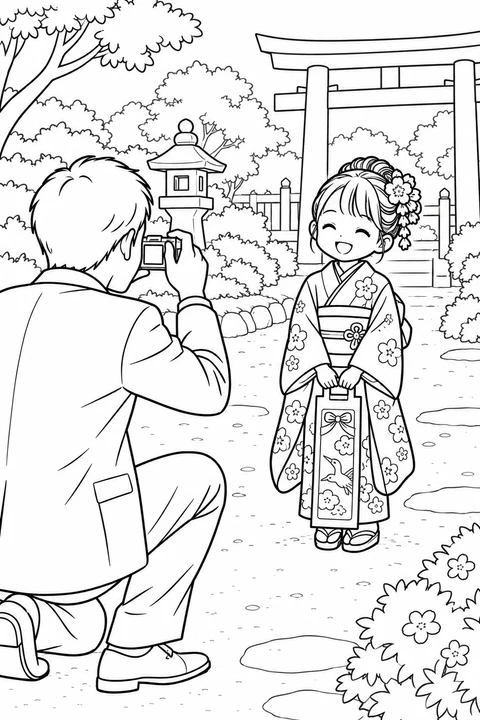 A kneeling parent takes a photo of a smiling child in a kimono holding a long candy bag near a shrine.
