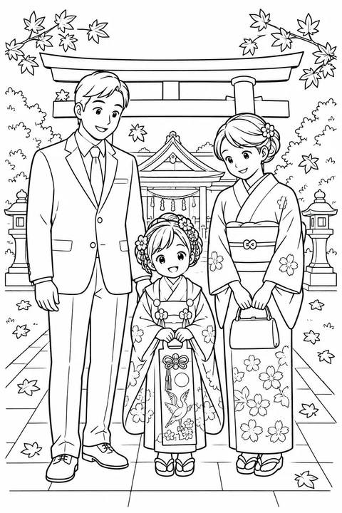 Two parents and a child in kimono stand beneath a torii gate for Shichi-Go-San, with a candy bag and autumn leaves.
