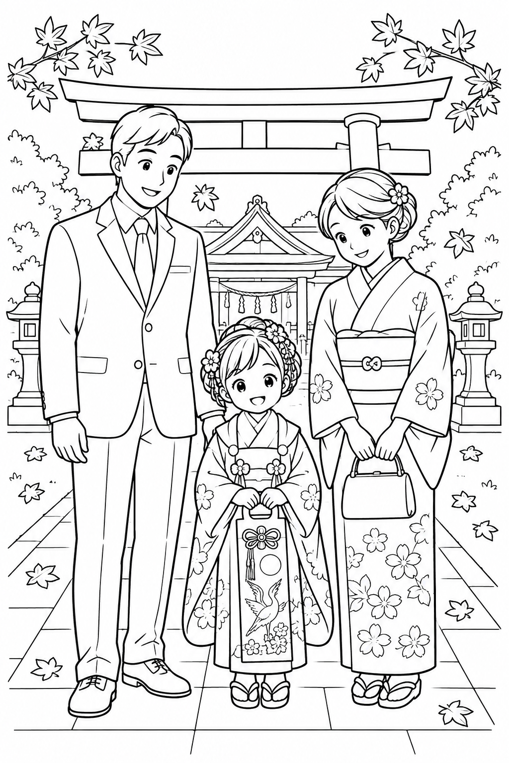 Two parents and a child in kimono stand beneath a torii gate for Shichi-Go-San, with a candy bag and autumn leaves.