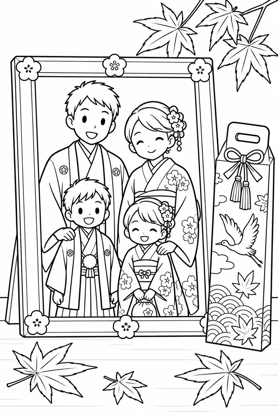 A framed portrait shows a smiling family of four in traditional Japanese clothing, beside a candy bag and maple leaves.