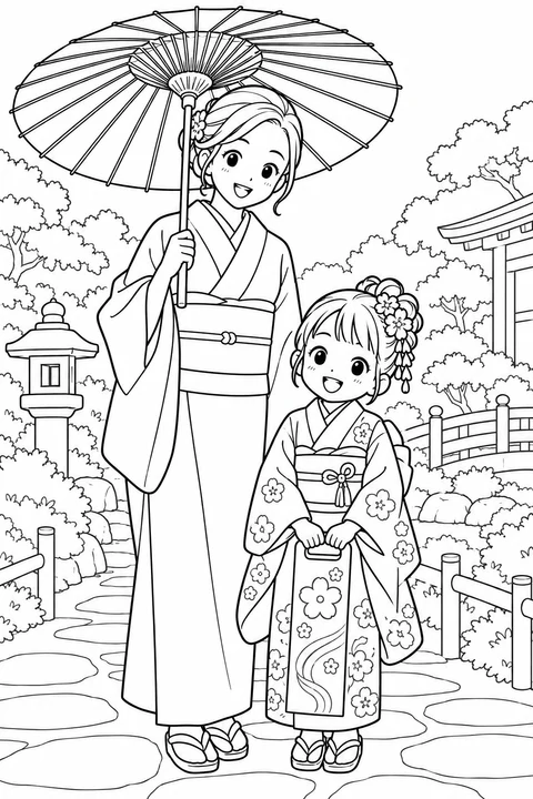 A parent holds a broad umbrella beside a smiling child in a kimono carrying a long candy bag.