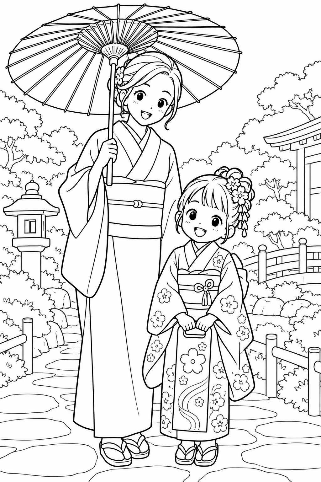 A parent holds a broad umbrella beside a smiling child in a kimono carrying a long candy bag.