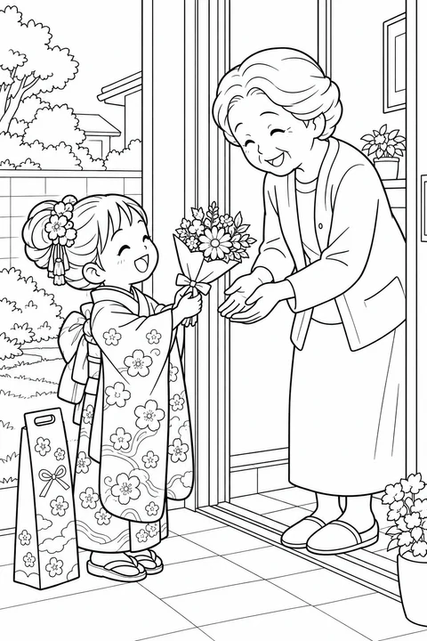 A child in a floral kimono offers Grandma a bouquet at her doorway. A long candy bag sits nearby in this warm family visit.