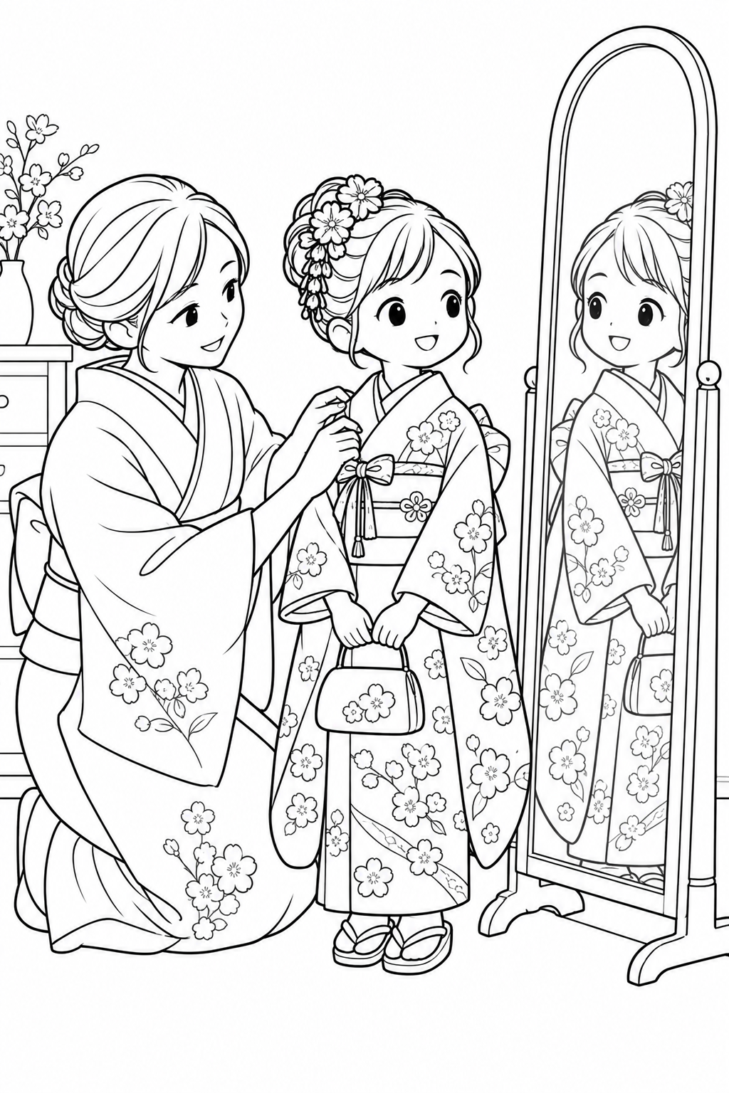 A parent adjusts the bow of a child's floral kimono beside a mirror. Color the outfit, hair ornament and handbag as they get ready for Shichi-Go-San.