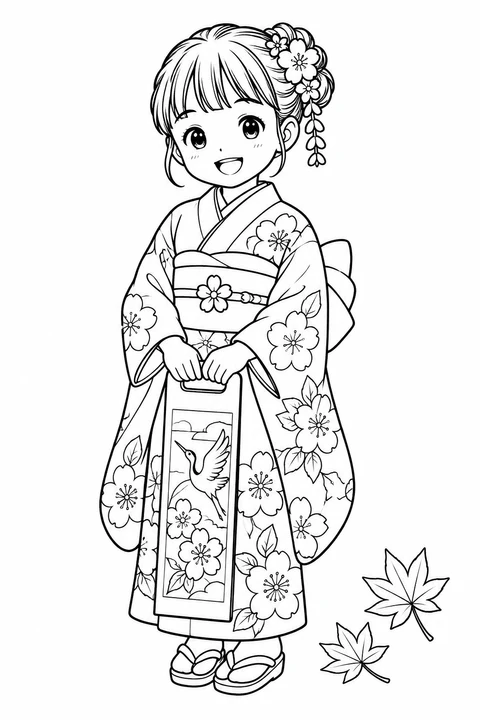 A smiling girl wears a floral kimono and holds a chitose-ame candy bag, with autumn leaves beside her.