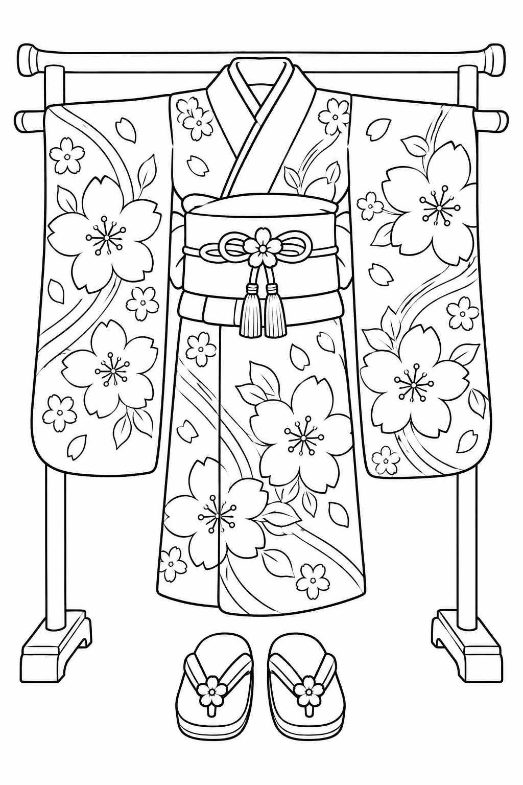 A kimono with large flower patterns hangs on a clothing stand, with sandals below.