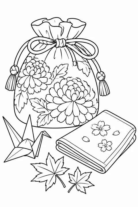 A chrysanthemum-patterned drawstring pouch rests beside a folded handkerchief, an origami crane and maple leaves. A quiet autumn still life for Shichi-Go-San.